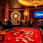 Experience thrilling gambling action at Vaobet with luxurious casino elements, poker tables, and slot machines.