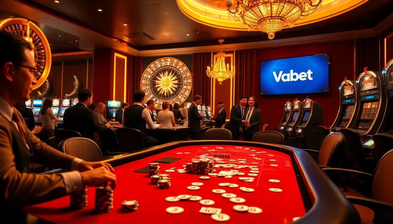 Experience thrilling gambling action at Vaobet with luxurious casino elements, poker tables, and slot machines.