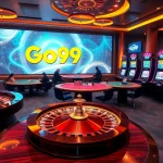 Experience the thrill of gaming with Go99's luxurious digital casino scene featuring poker tables and vibrant slots.