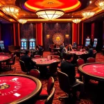Engaging scene of MM88 casino gaming with players at poker and blackjack tables, showcasing luxury.