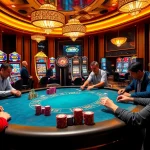 Engaging gamblers in a lively Luckywin casino scene with poker chips and spinning roulette.