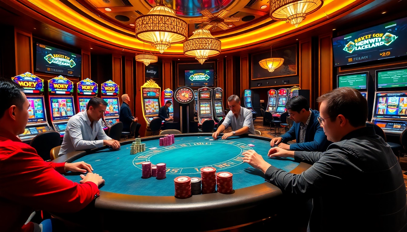 Engaging gamblers in a lively Luckywin casino scene with poker chips and spinning roulette.