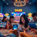 Engaging scene of players enjoying diverse games on DA88's online platform, showcasing excitement and professionalism.