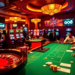 GO8 players enjoying a vibrant casino scene with roulette, poker, and slot machines.