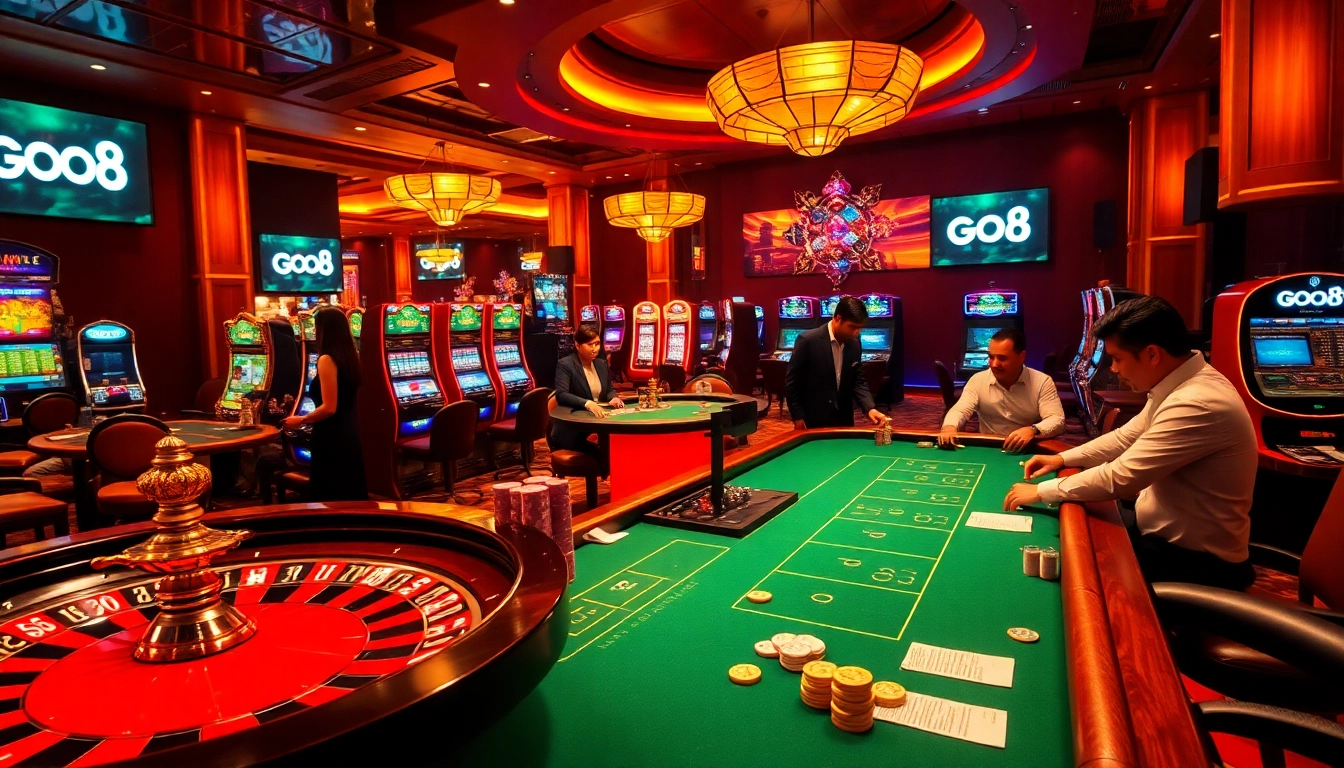 GO8 players enjoying a vibrant casino scene with roulette, poker, and slot machines.