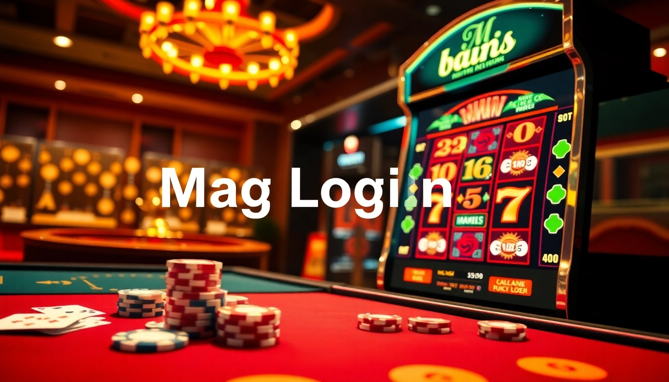 Access your Mag Login easily with this luxurious casino scene showcasing poker chips and slots.