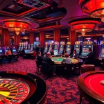 Mubet casino action with vibrant tables, slot machines, and engaged players betting.