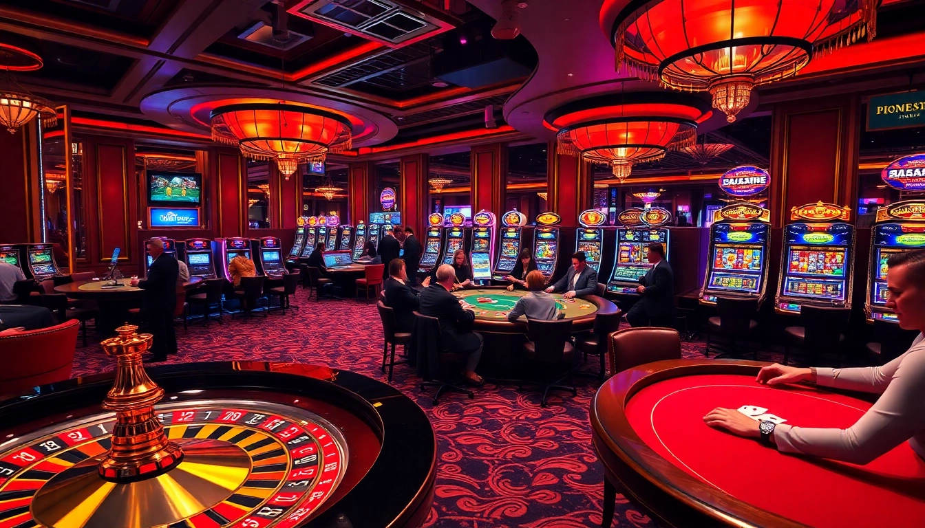 Mubet casino action with vibrant tables, slot machines, and engaged players betting.