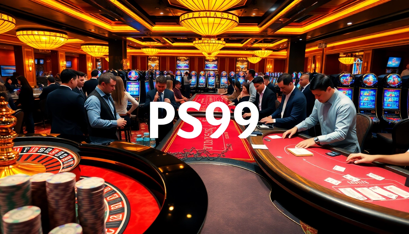 Engaging gamblers at PS99 playing poker and roulette in a lively casino atmosphere.