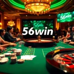 Experience the thrilling gameplay of 56win with vibrant casino tables showcasing poker chips and roulette wheels.