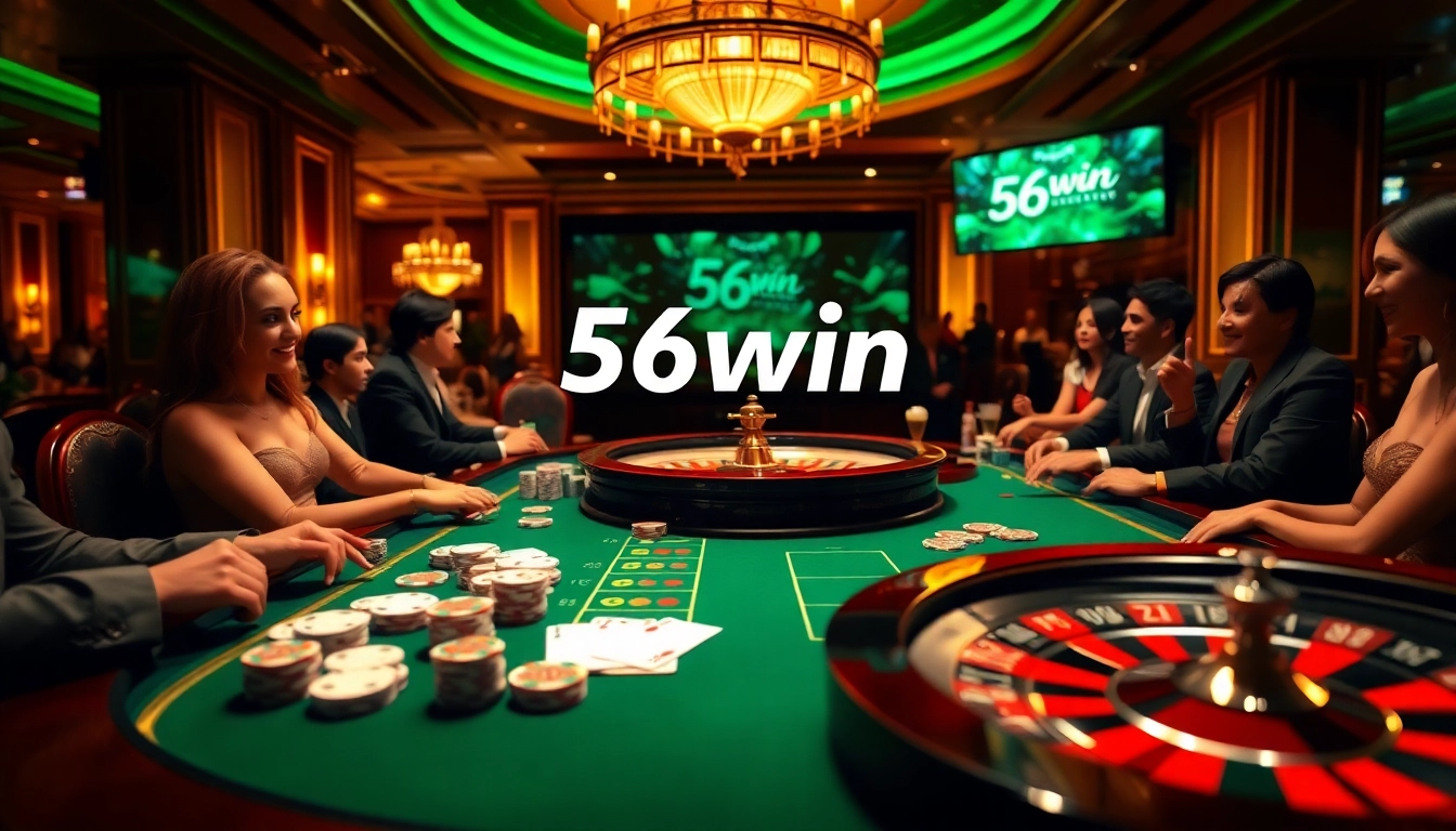 Experience the thrilling gameplay of 56win with vibrant casino tables showcasing poker chips and roulette wheels.