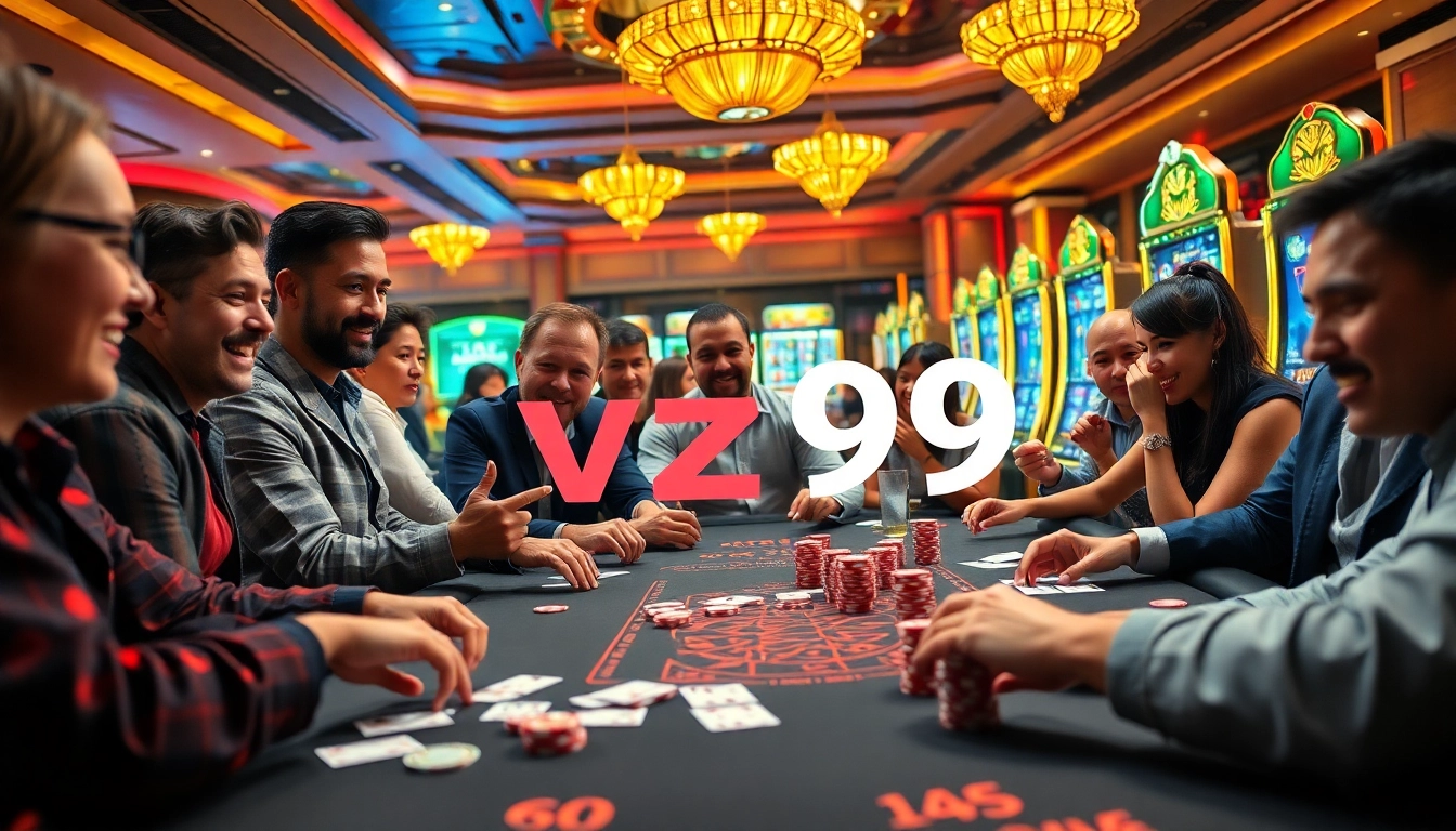 Experience high-stakes excitement with vz99 at a bustling casino featuring poker tables and slot machines.