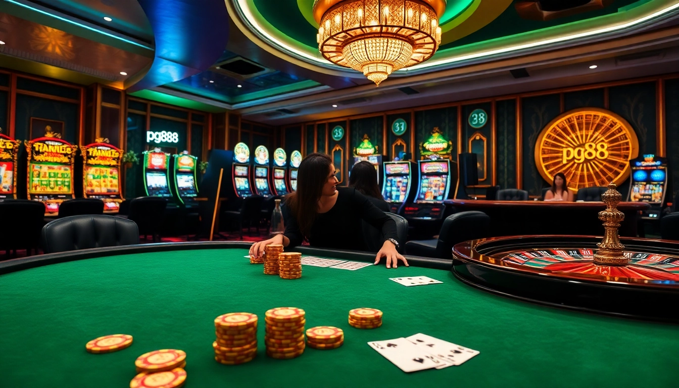 Experience a vibrant casino atmosphere with pg88 poker chips and professional dealers playing.