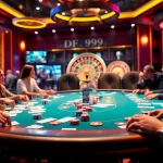 Players engage in high-stakes poker at a DF999-themed casino table with vibrant chips and cards.