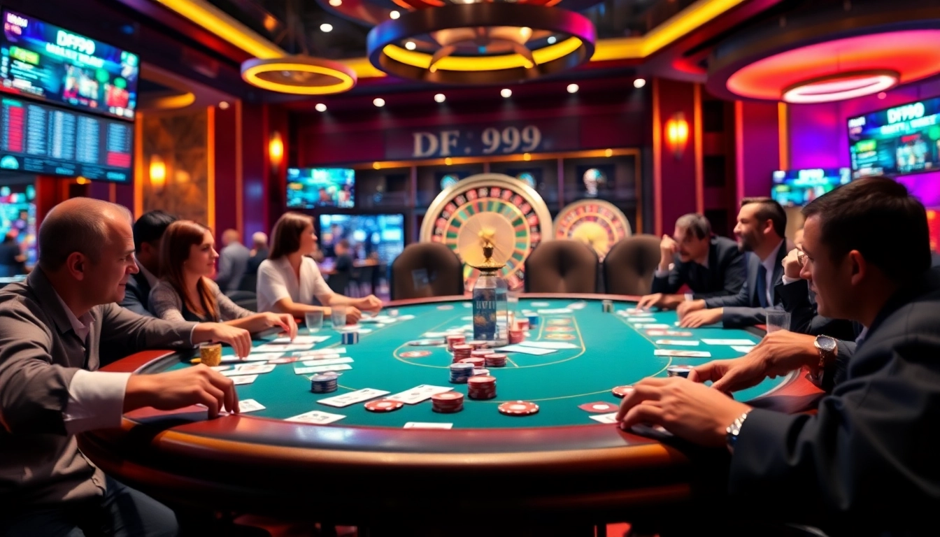 Players engage in high-stakes poker at a DF999-themed casino table with vibrant chips and cards.