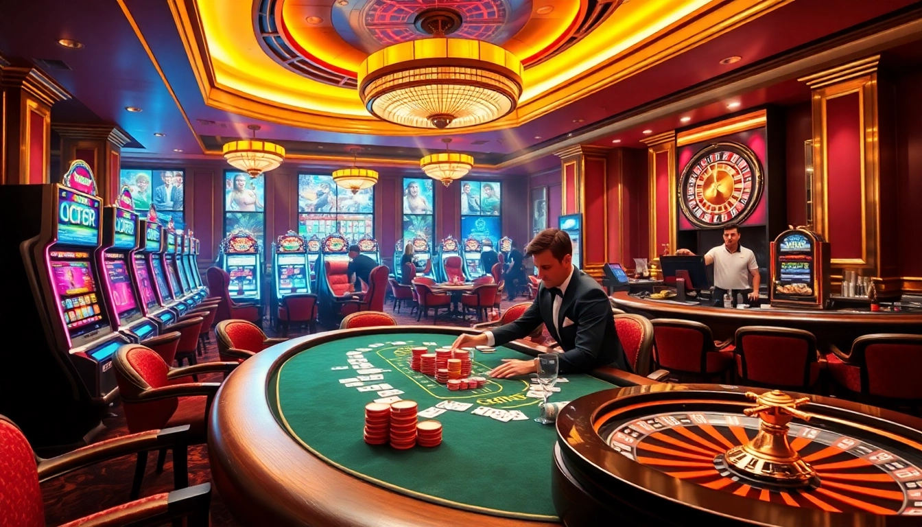 Players enjoying a thrilling poker game at UU88 casino with luxurious ambiance and slot machines.