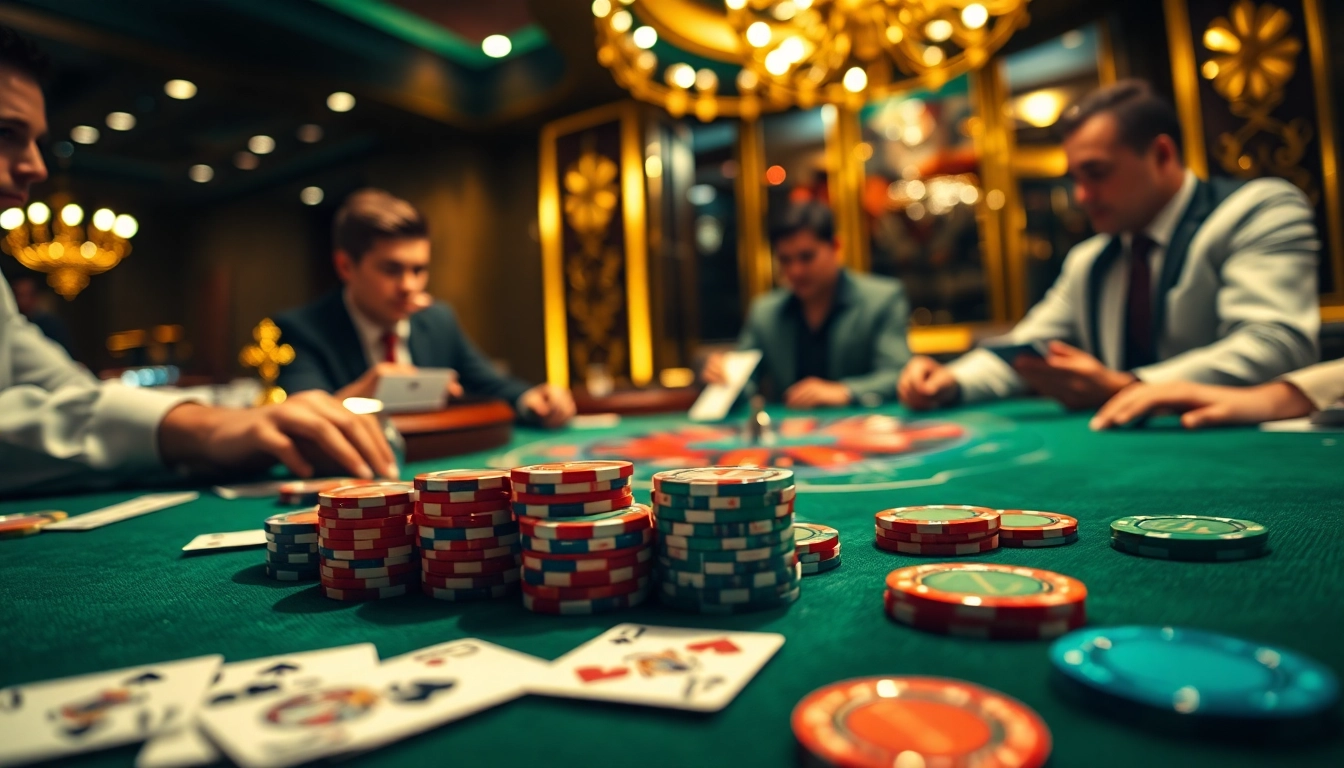 Players enjoying a thrilling game at the DH88-themed casino table with chips and cards.