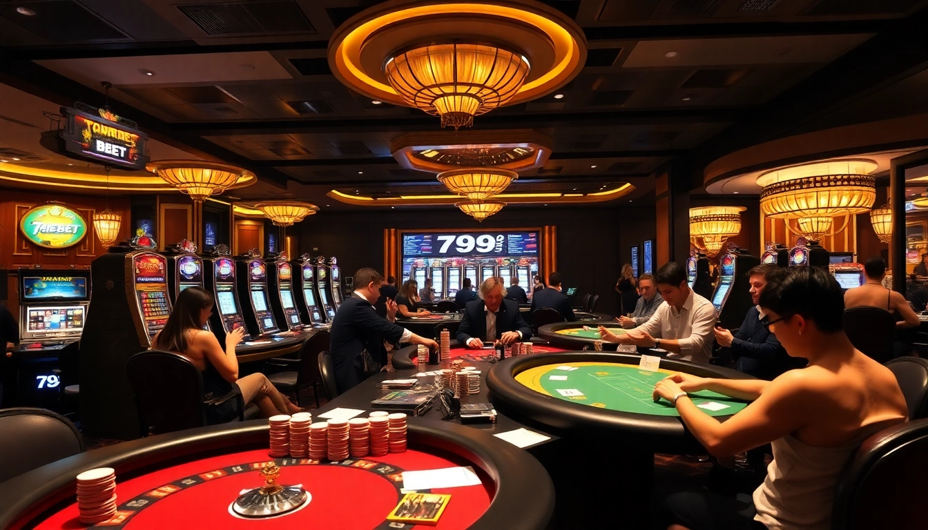 Players enjoying thrilling games at 789 BET casino with vibrant slot machines and elegant tables.