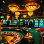 Experience high-stakes excitement at 68VIP casino with vibrant poker tables and roulette wheels.