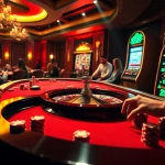 Exciting casino gameplay with players around a roulette table featuring XX88 themed chips and slot machine.