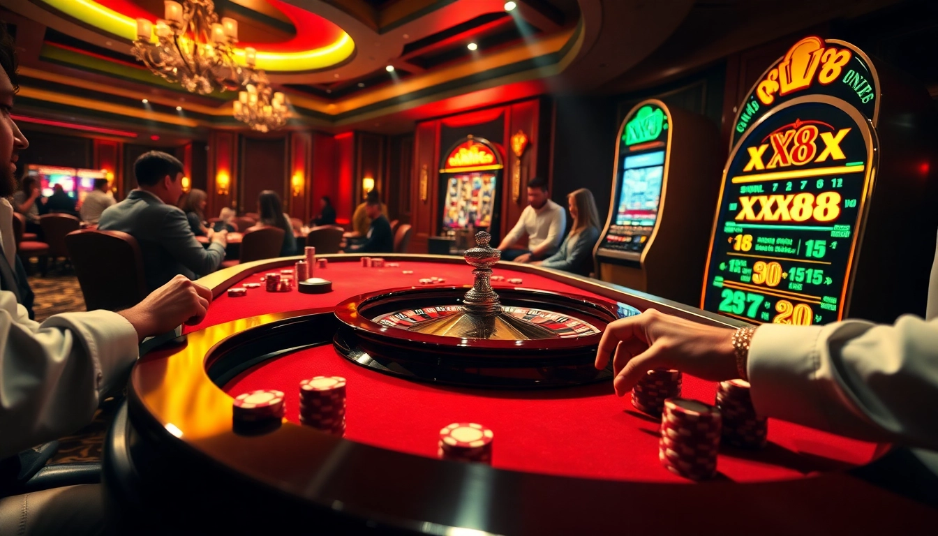 Exciting casino gameplay with players around a roulette table featuring XX88 themed chips and slot machine.