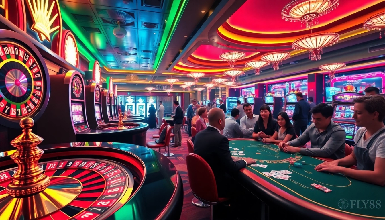 Experience the thrill of FLY88 Casino with vibrant slot machines and poker action.