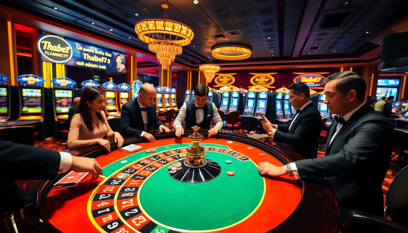Experience the excitement of thabet77 with players at a lavish casino roulette table.