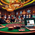 Players enjoying an exciting poker game at a luxurious casino table under golden chandeliers, highlighting surewin's exceptional online platform.