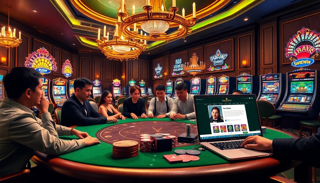 Players enjoying an exciting poker game at a luxurious casino table under golden chandeliers, highlighting surewin's exceptional online platform.