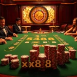 Poker table setup showcasing xx88 chips in a luxurious casino environment, highlighting excitement and strategy.