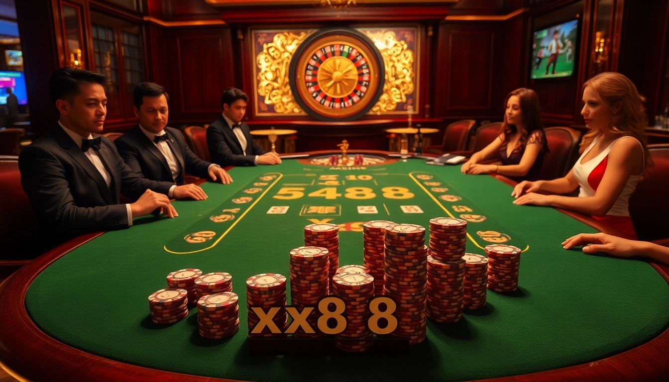 Poker table setup showcasing xx88 chips in a luxurious casino environment, highlighting excitement and strategy.