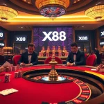 X88 players engaging at a luxurious casino poker table, showcasing high-stakes excitement and vibrant action.
