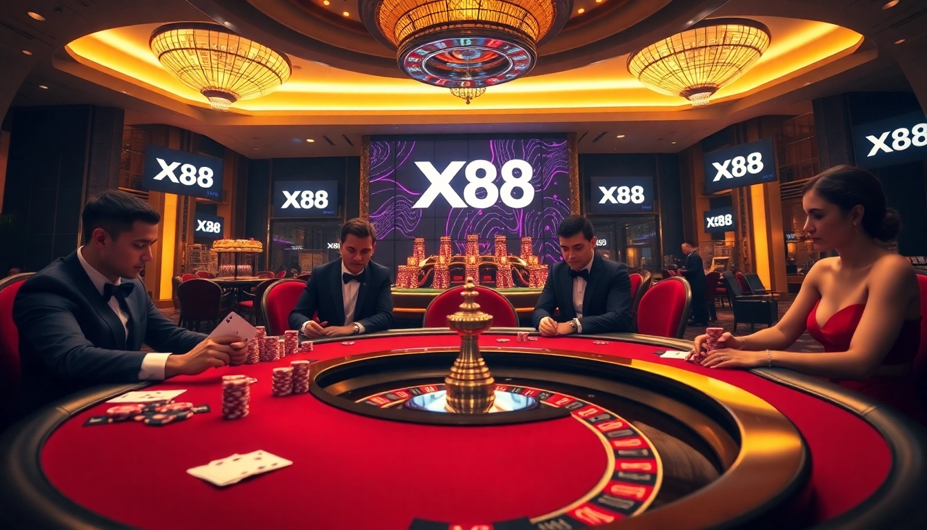 X88 players engaging at a luxurious casino poker table, showcasing high-stakes excitement and vibrant action.