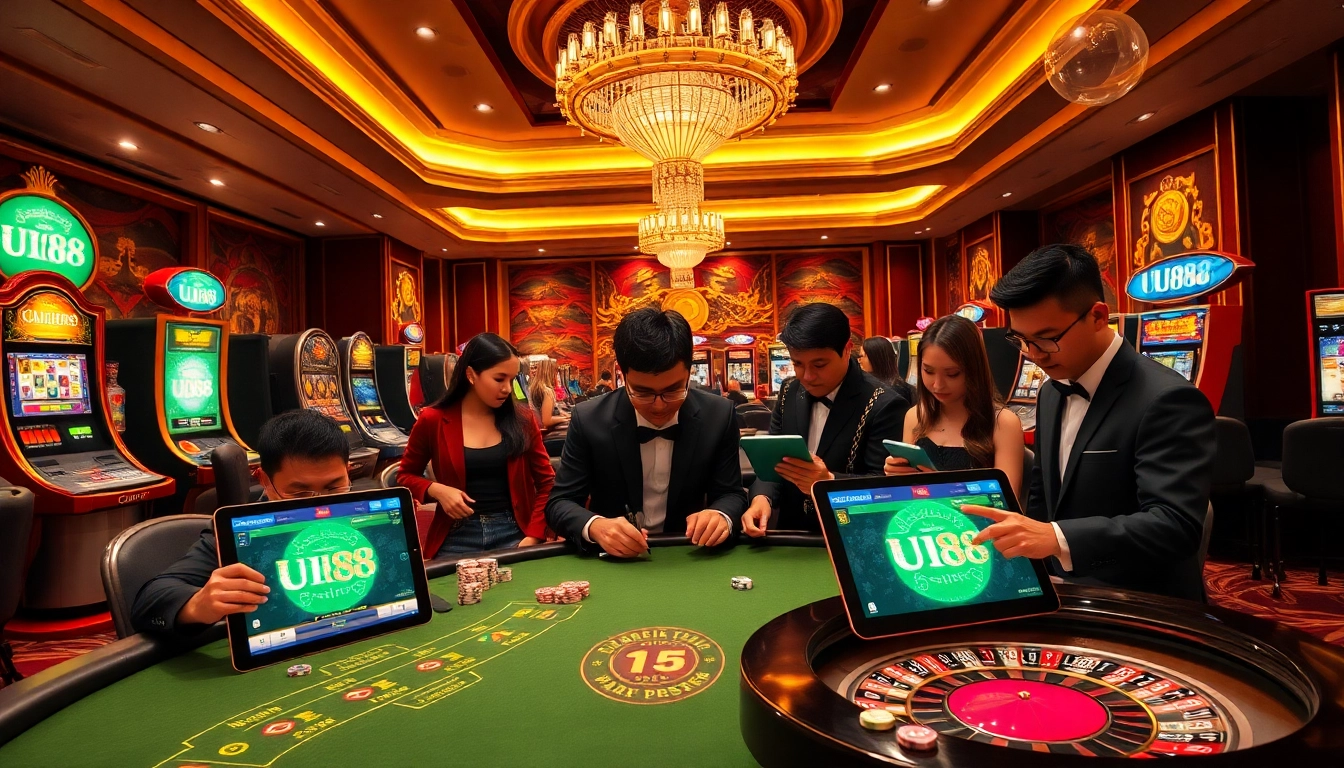 Engaging players enjoying a dynamic gaming experience at UU88 casino with vibrant slot machines and poker tables.