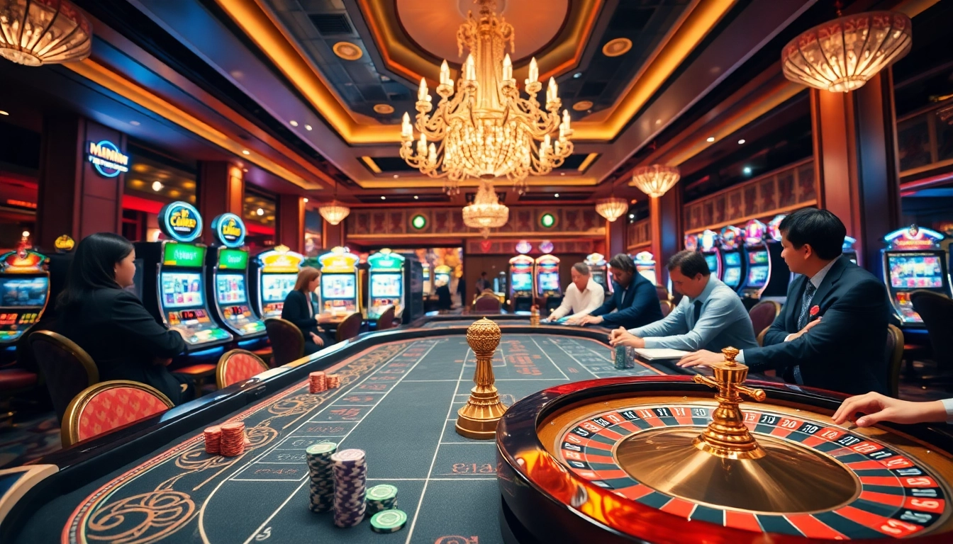 Exciting casino experience showcasing Nhà Cái Uy Tín with poker chips and roulette wheel.