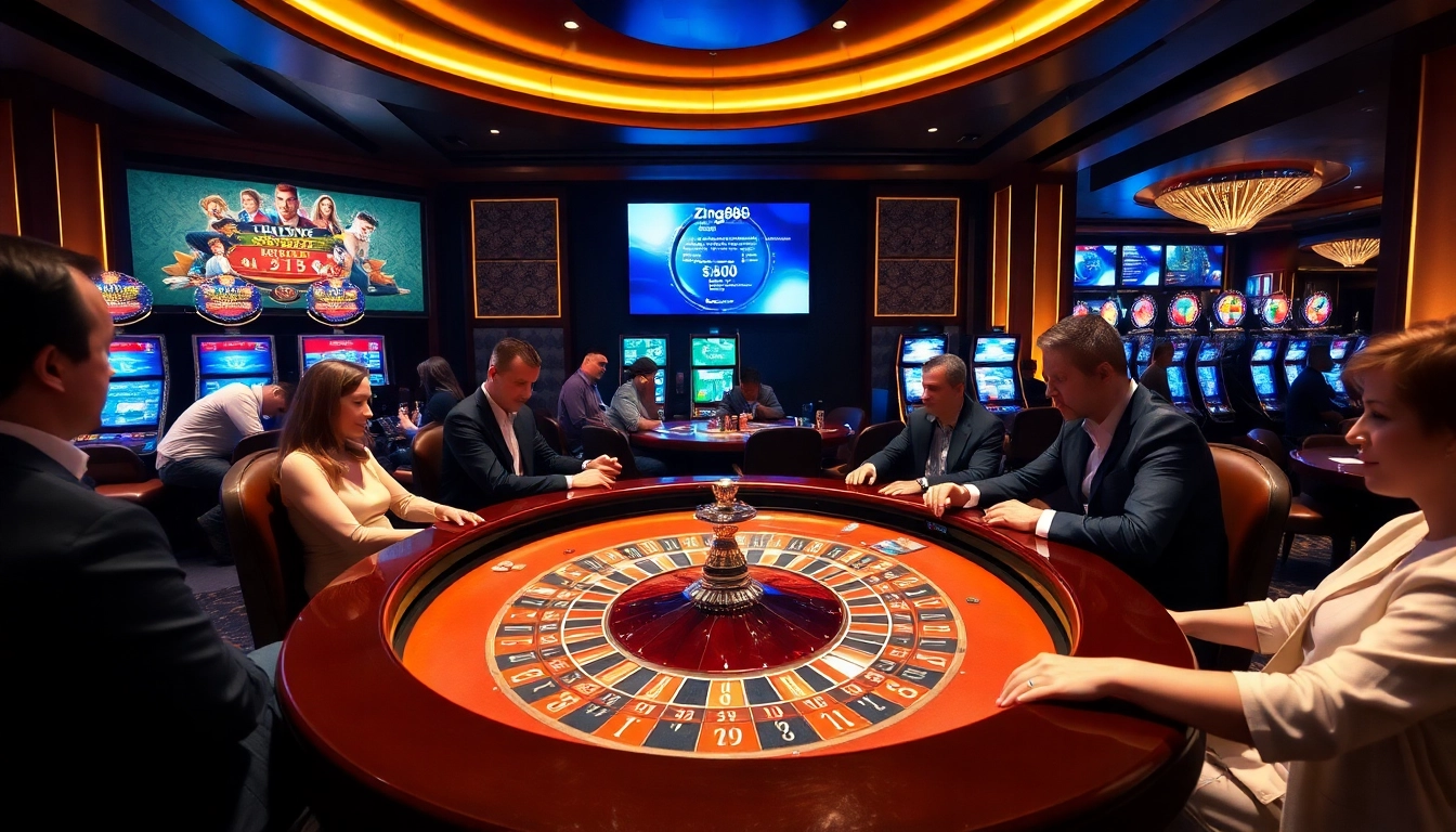 Engaging casino scene with players at tables, featuring luxurious gaming elements of https://zing88.design/.