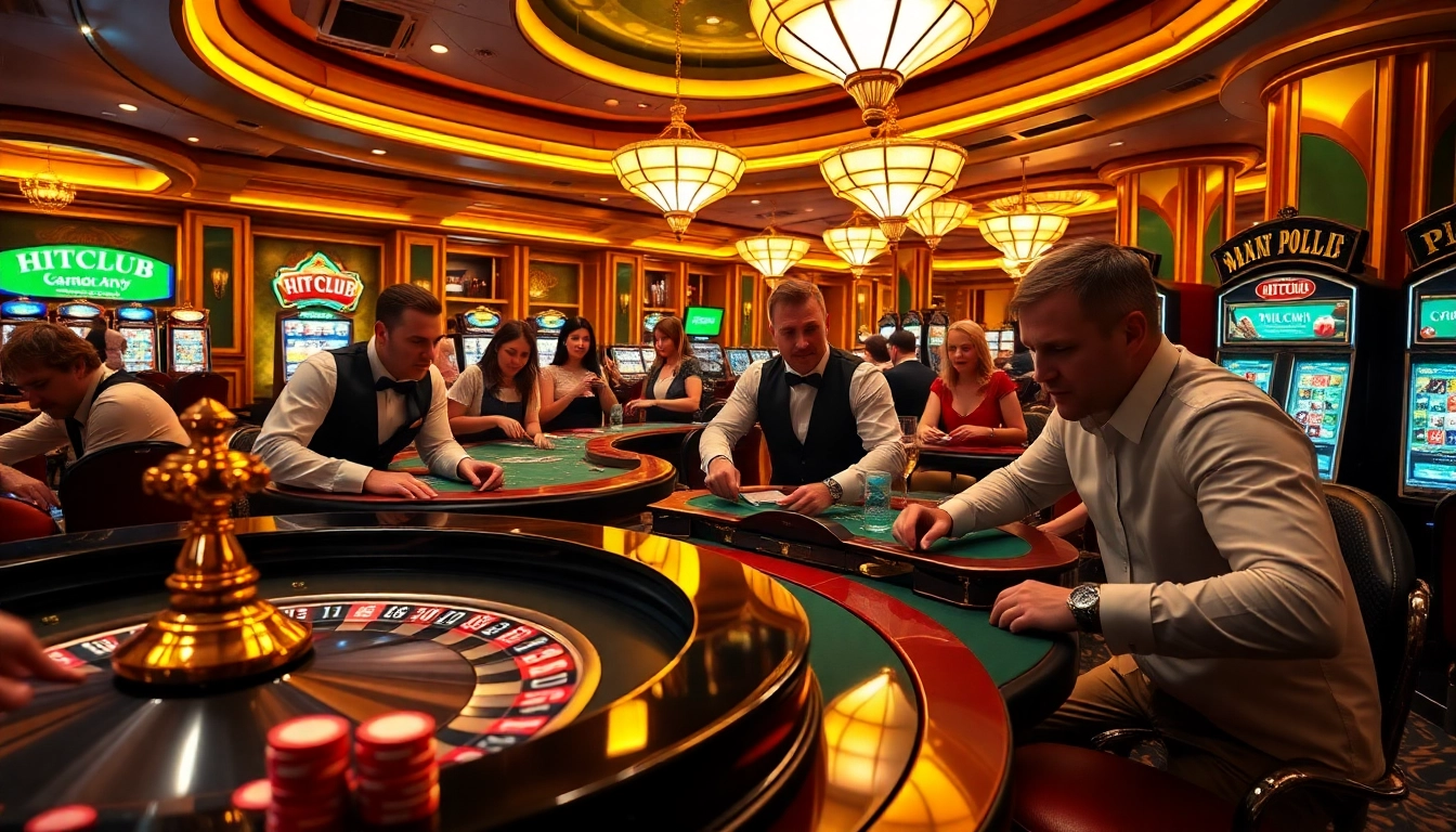 HITCLUB casino scene showcasing players engaged at tables with vibrant lights and poker action.
