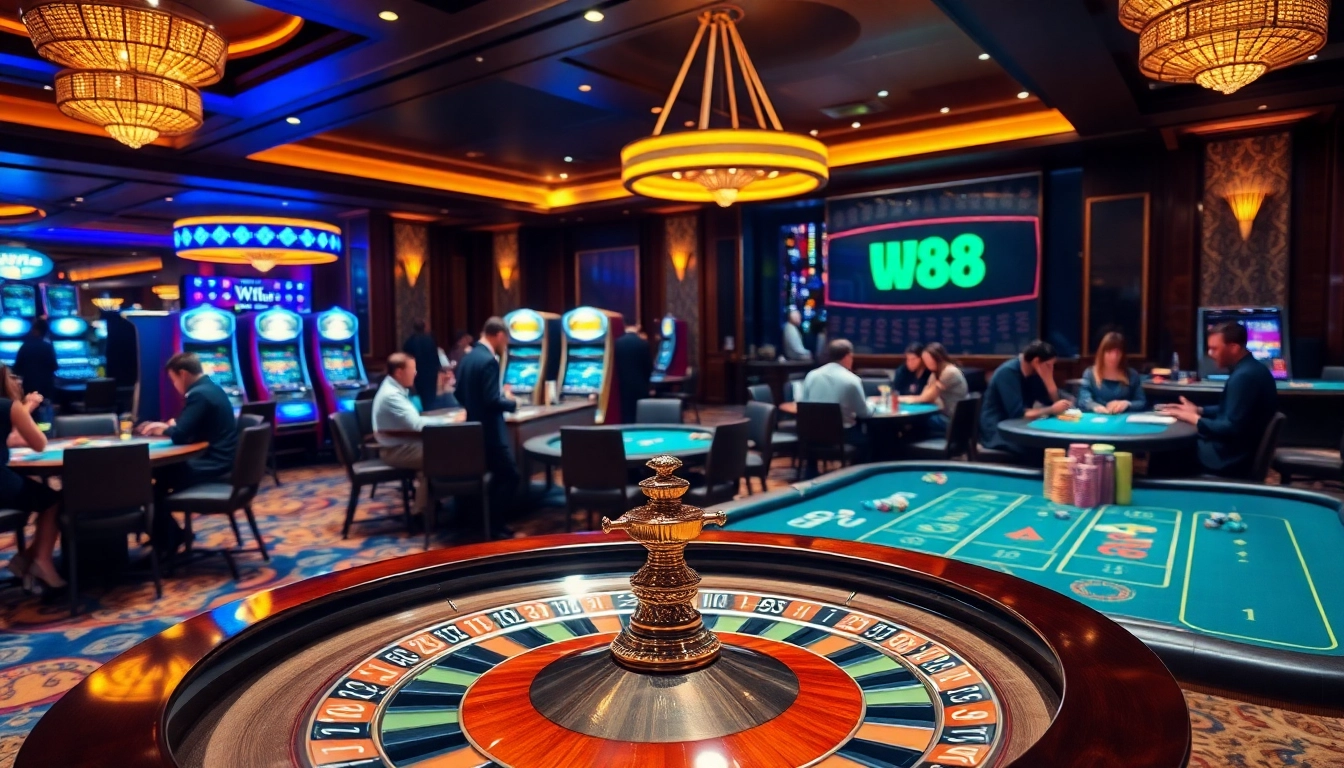 Engaging scene of casino life with players at W88 tables, showcasing strategic betting and excitement.