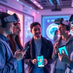 Dynamic scene of Crushon users interacting with AI avatars in a vibrant tech environment, showcasing innovation and connectivity.