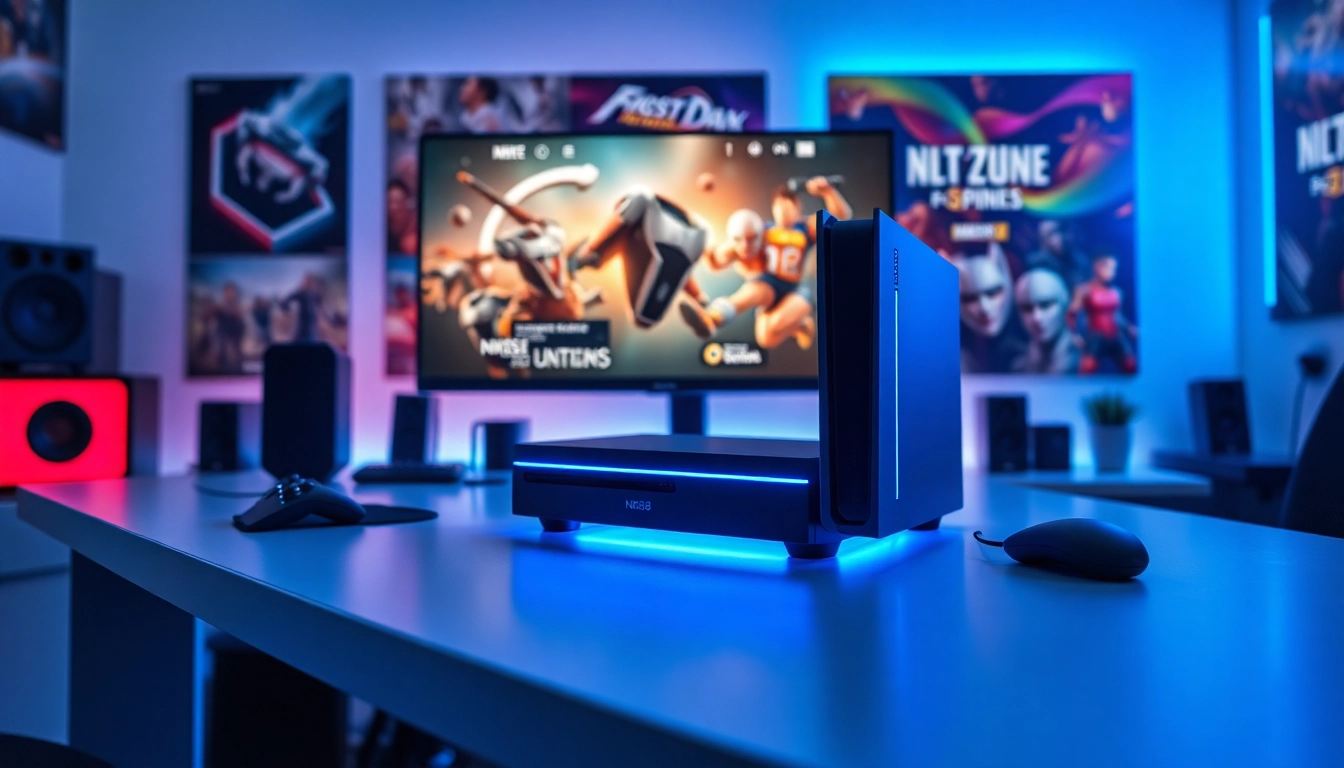 NK88 gaming console displayed in a modern gaming setup with ambient lighting and sleek design.