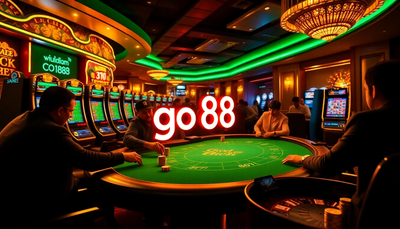 Experience the thrill of gambling at the glamorous casino featuring go 88 stands and excited players.