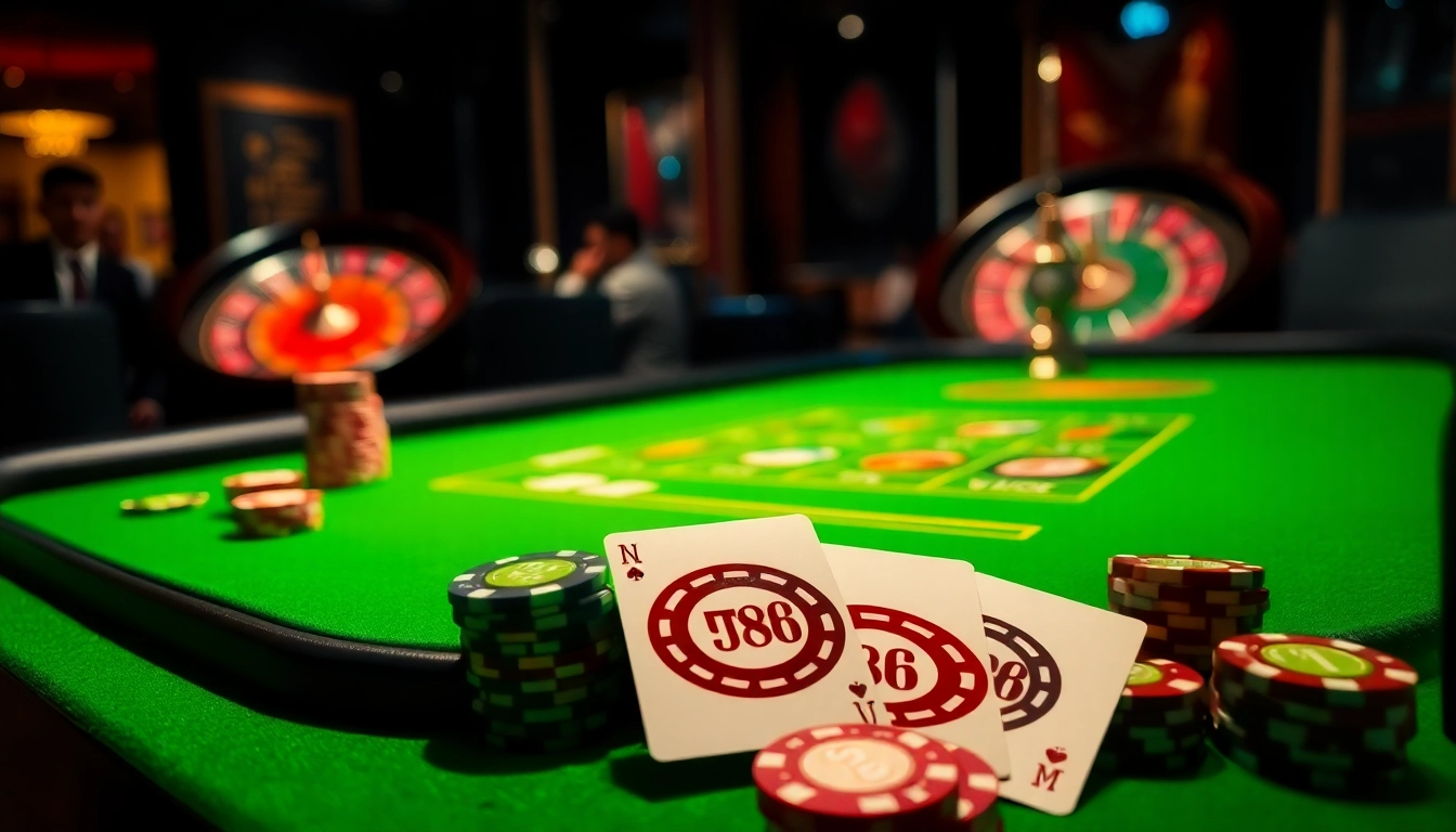 Exciting casino scene featuring TP88-themed poker chips and cards on a gambling table.
