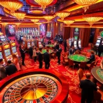 SUNWIN players engaging in high-stakes excitement at a luxurious casino, highlighting a vibrant roulette wheel and slot machines.