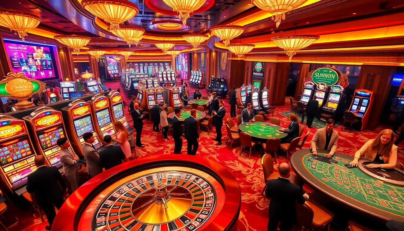 SUNWIN players engaging in high-stakes excitement at a luxurious casino, highlighting a vibrant roulette wheel and slot machines.