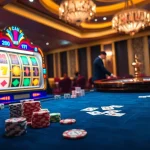 Exciting casino scene showcasing 789win vip gaming with slot machines, poker chips, and roulette wheel.