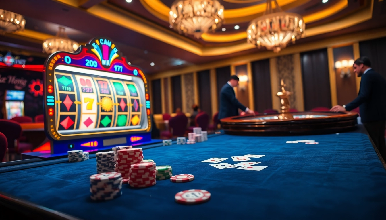 Exciting casino scene showcasing 789win vip gaming with slot machines, poker chips, and roulette wheel.