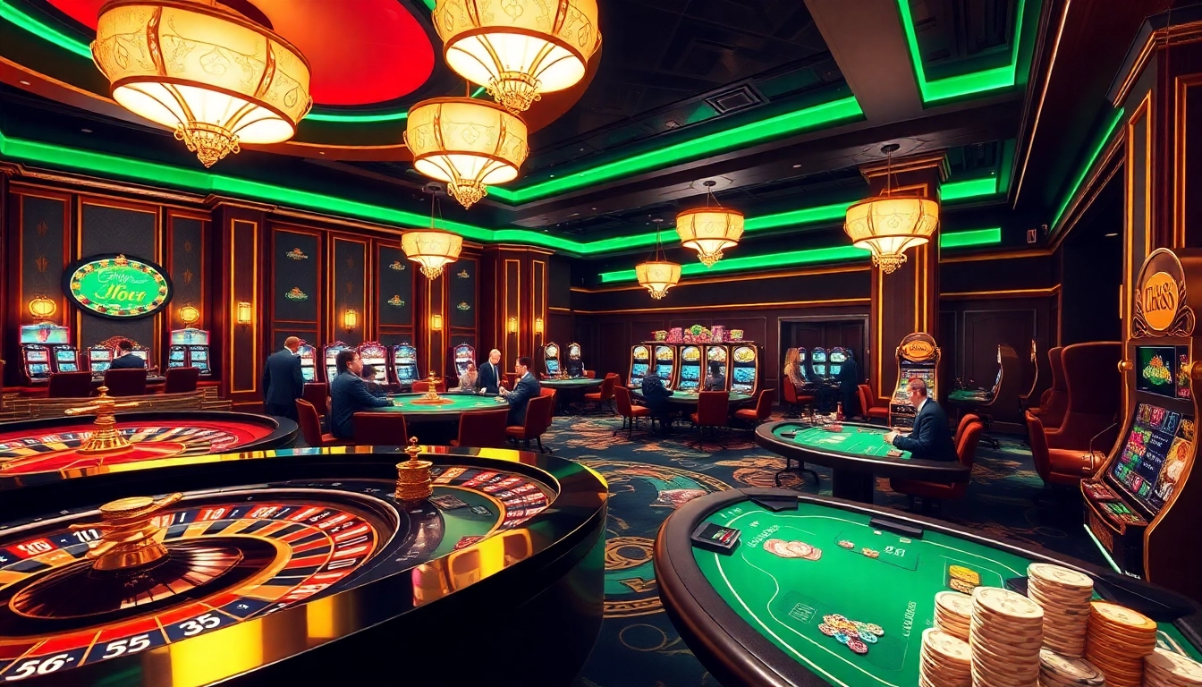 Experience fly88 casino excitement with players at poker tables and a spinning roulette wheel.