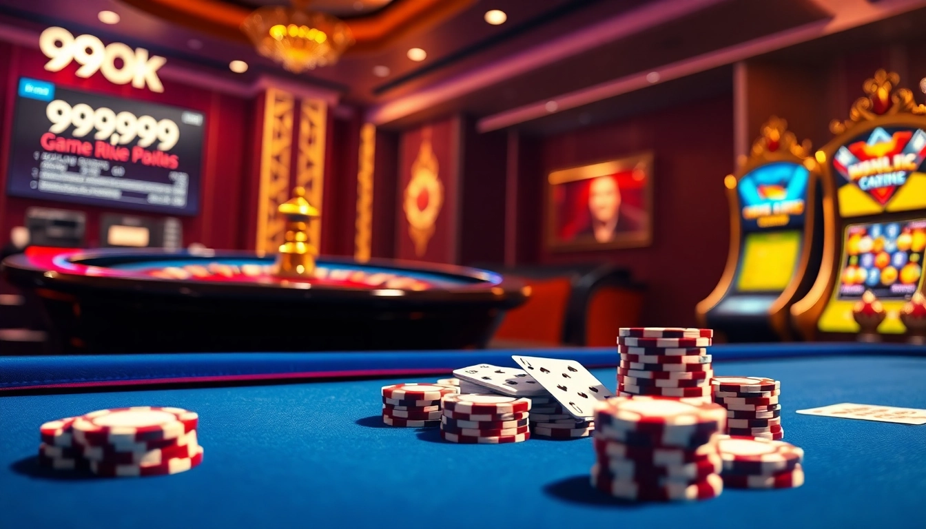 Engaging online gambling interface of 99ok with casino tables and poker chips.