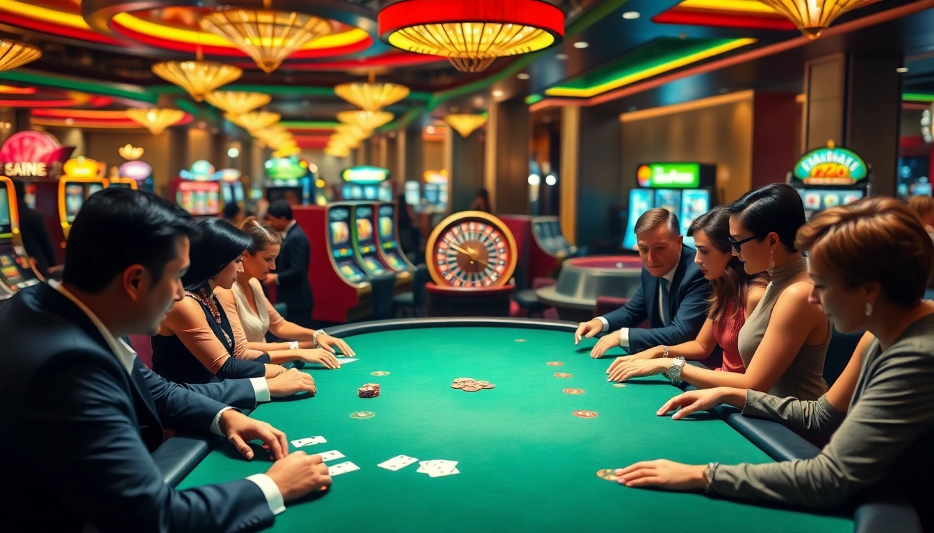 Players engaging at a poker table in a luxurious casino atmosphere featuring 7c77 gaming elements.