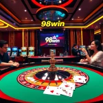 Players enjoying an exciting roulette game at 98win casino with vibrant decor and engaging atmosphere.